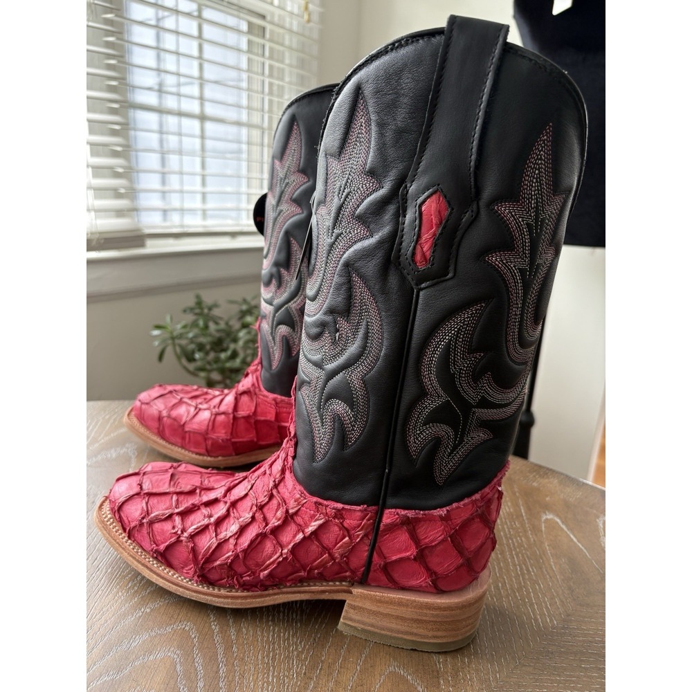 Corral Women Pink Pirarucu Fish Skin Black Leather Western Boot A4386 Square Toe - Picture 7 of 13
